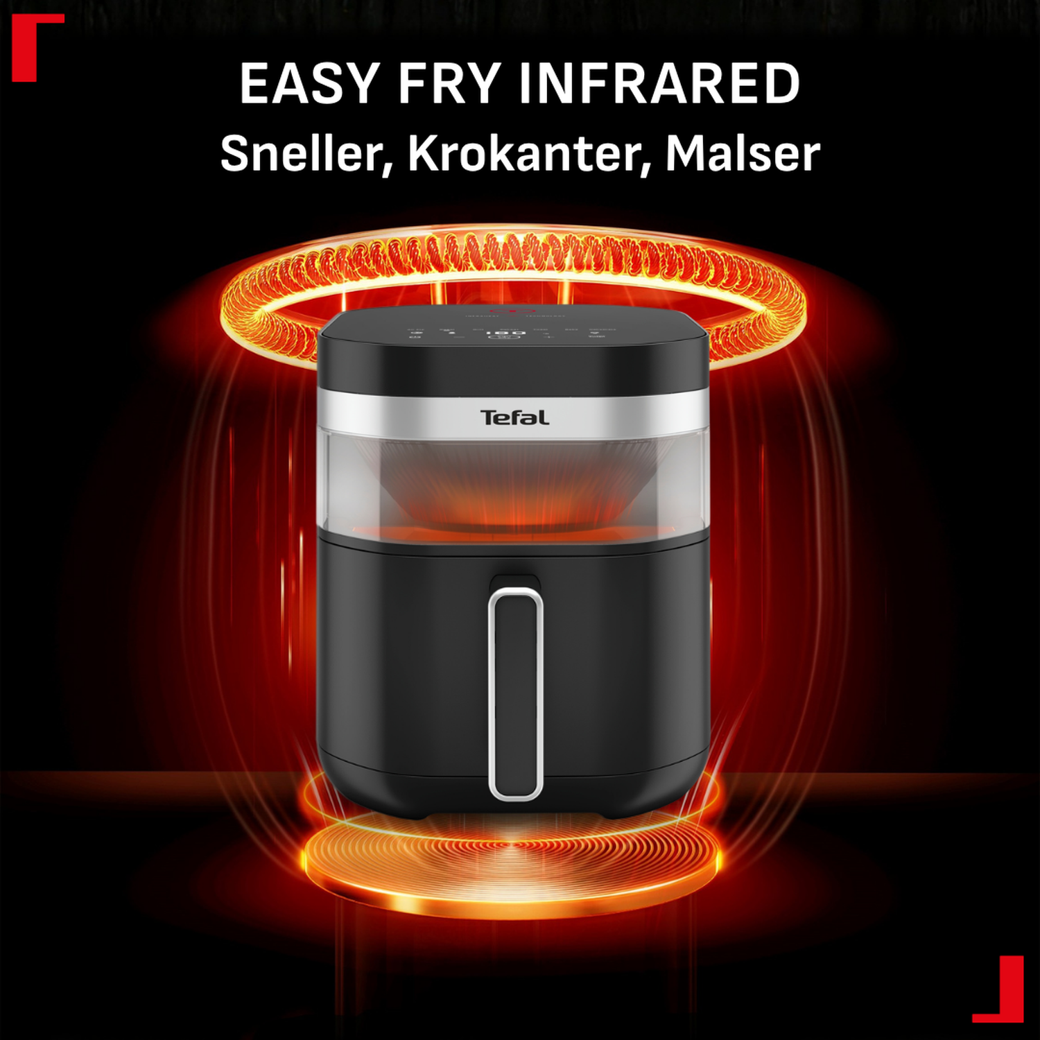 Tefal Easy Fry Infrared air fryer with glowing orange heat rings on a black background.