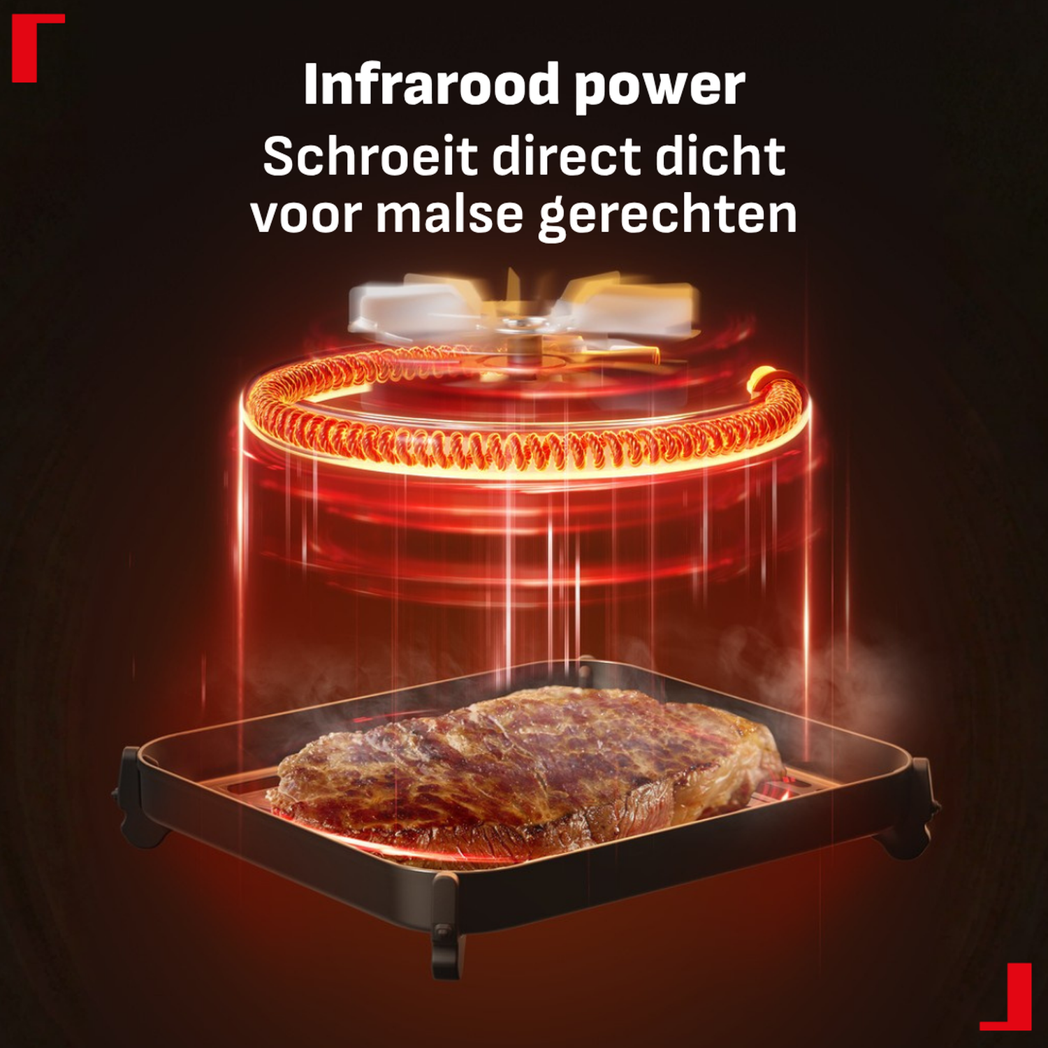 A steak is grilled on a black grill with red infrared heat and steam rising.