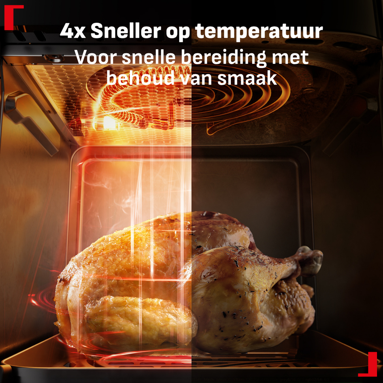 A roasted chicken is cooking in an oven with red heating elements.