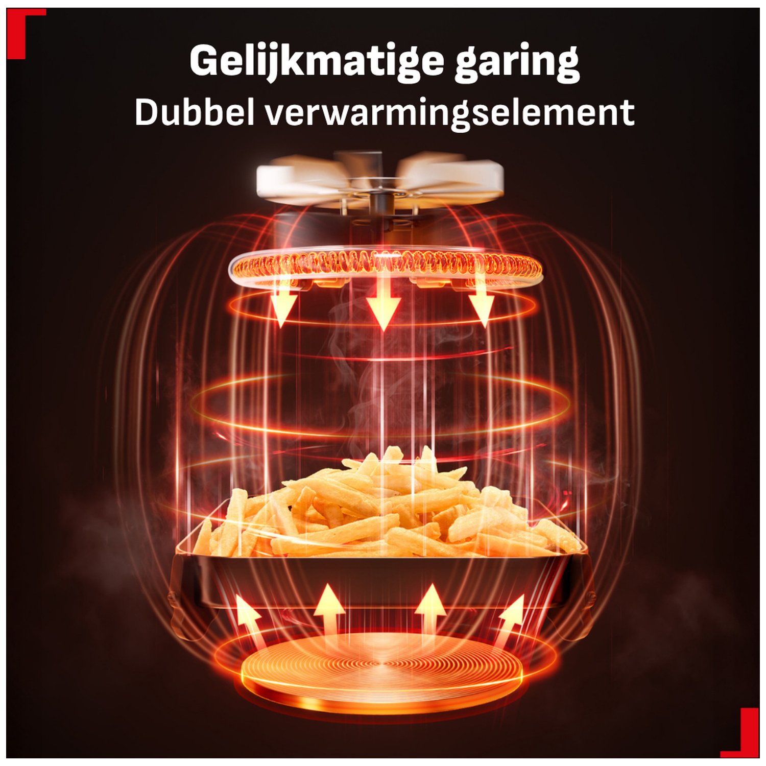 Air fryer with fries, showing heating element and heat flow downwards.