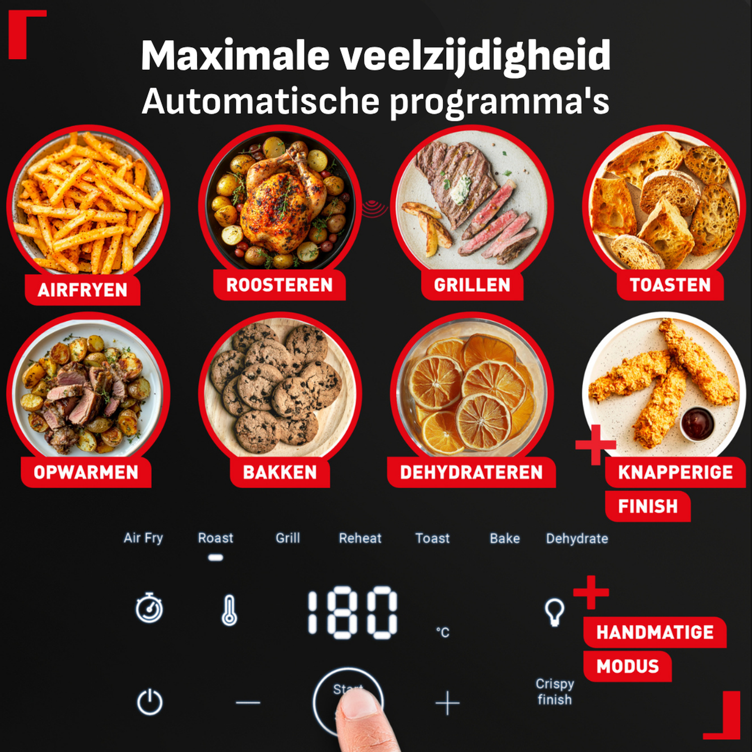An oven control panel showing eight cooking programs: Air Fry, Roast, Grill, Toast, Reheat, Bake, Dehydrate.