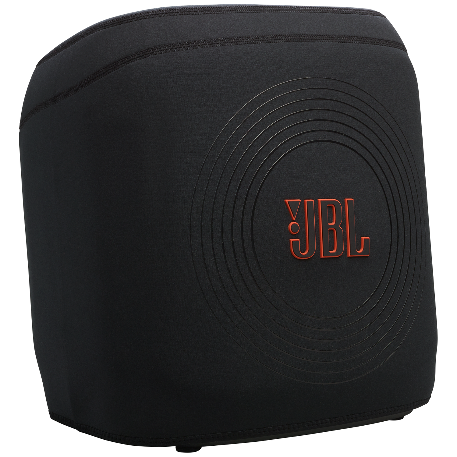 Zwarte luidsprekerhoes met rood JBL-logo en concentrische cirkels.