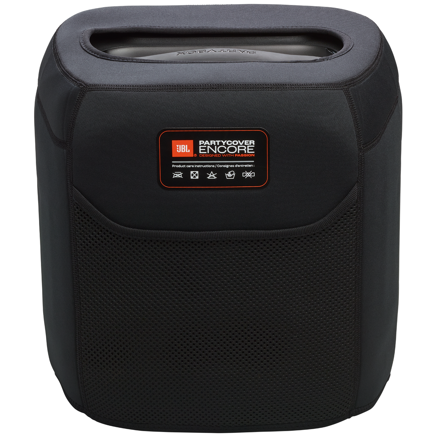 Zwarte JBL Partycover speakerhoes met oranje label en mesh detail.