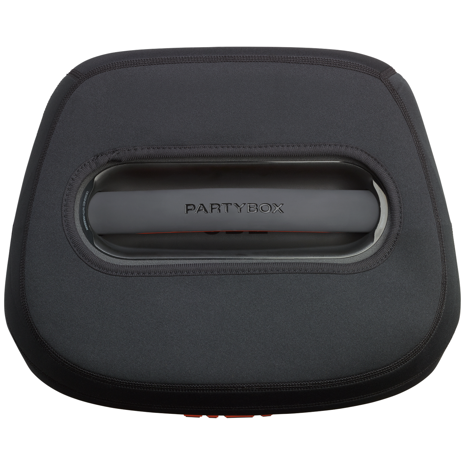 Zwarte hoes met handvat en het woord PARTYBOX.