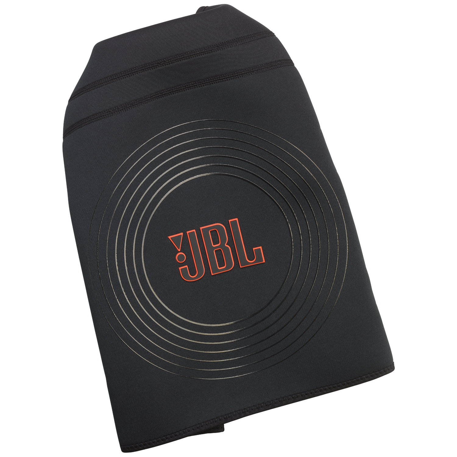 Zwarte JBL tas met rood logo en cirkelvormig ontwerp.