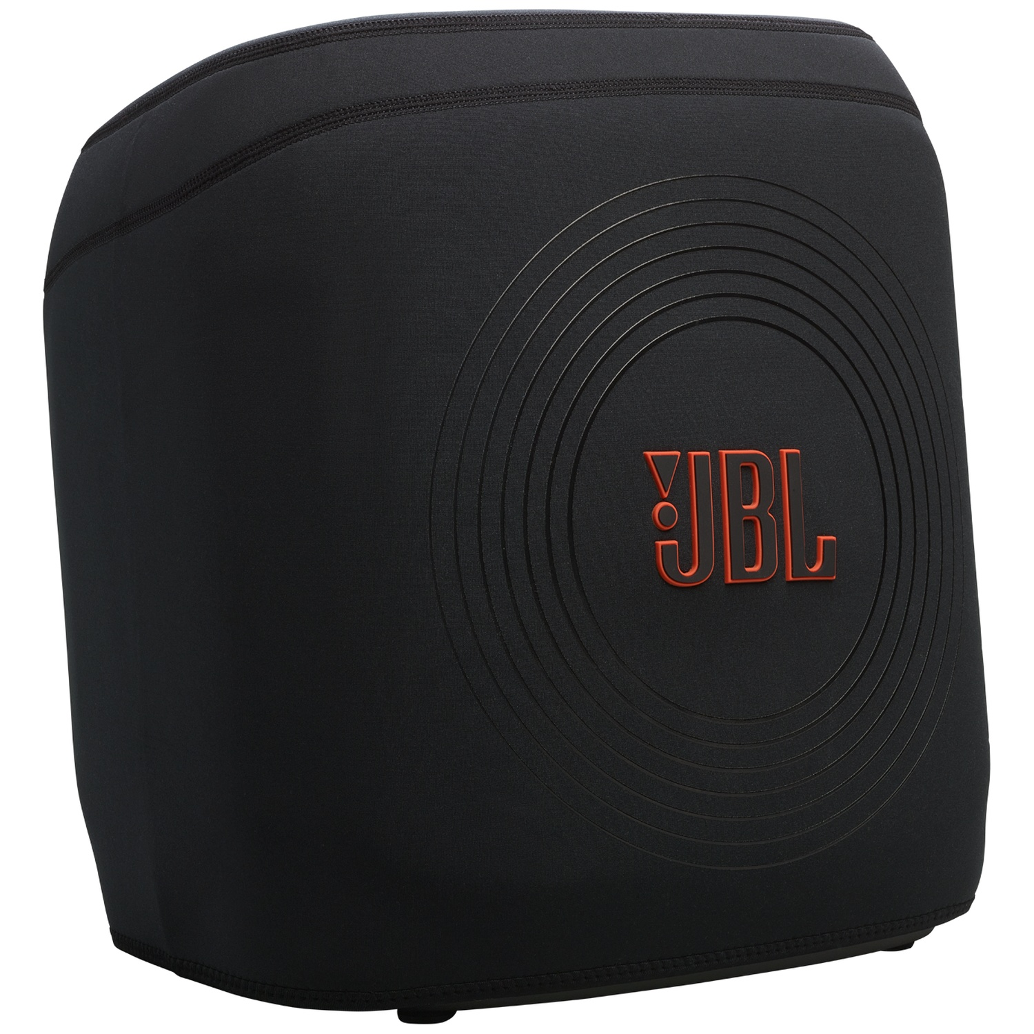 Zwarte luidsprekerhoes met rood JBL-logo en concentrische cirkels.