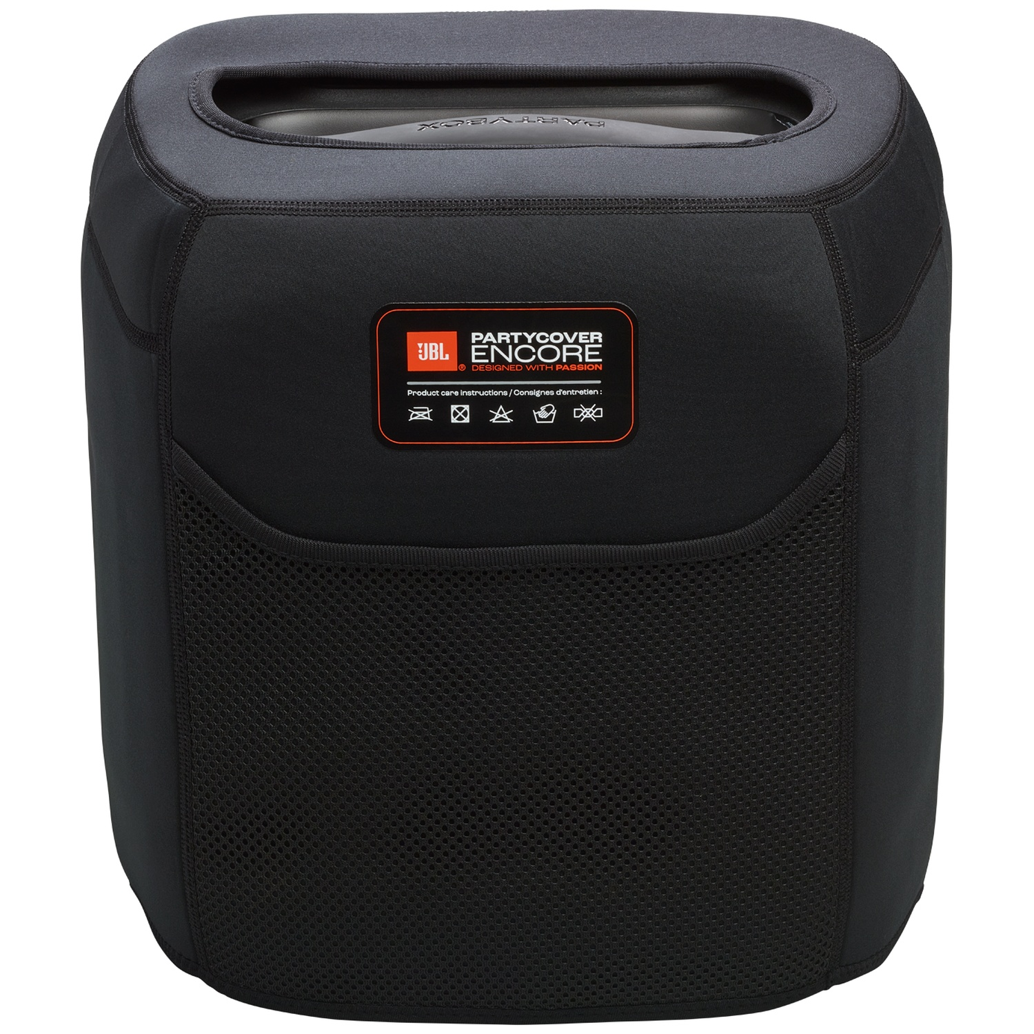 Zwarte JBL Party Cover luidsprekerhoes met mesh-inzetstukken en onderhoudsinstructies.
