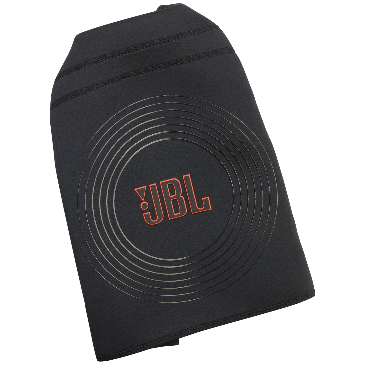 Zwarte JBL luidsprekerhoes met concentrische cirkels en rood logo.