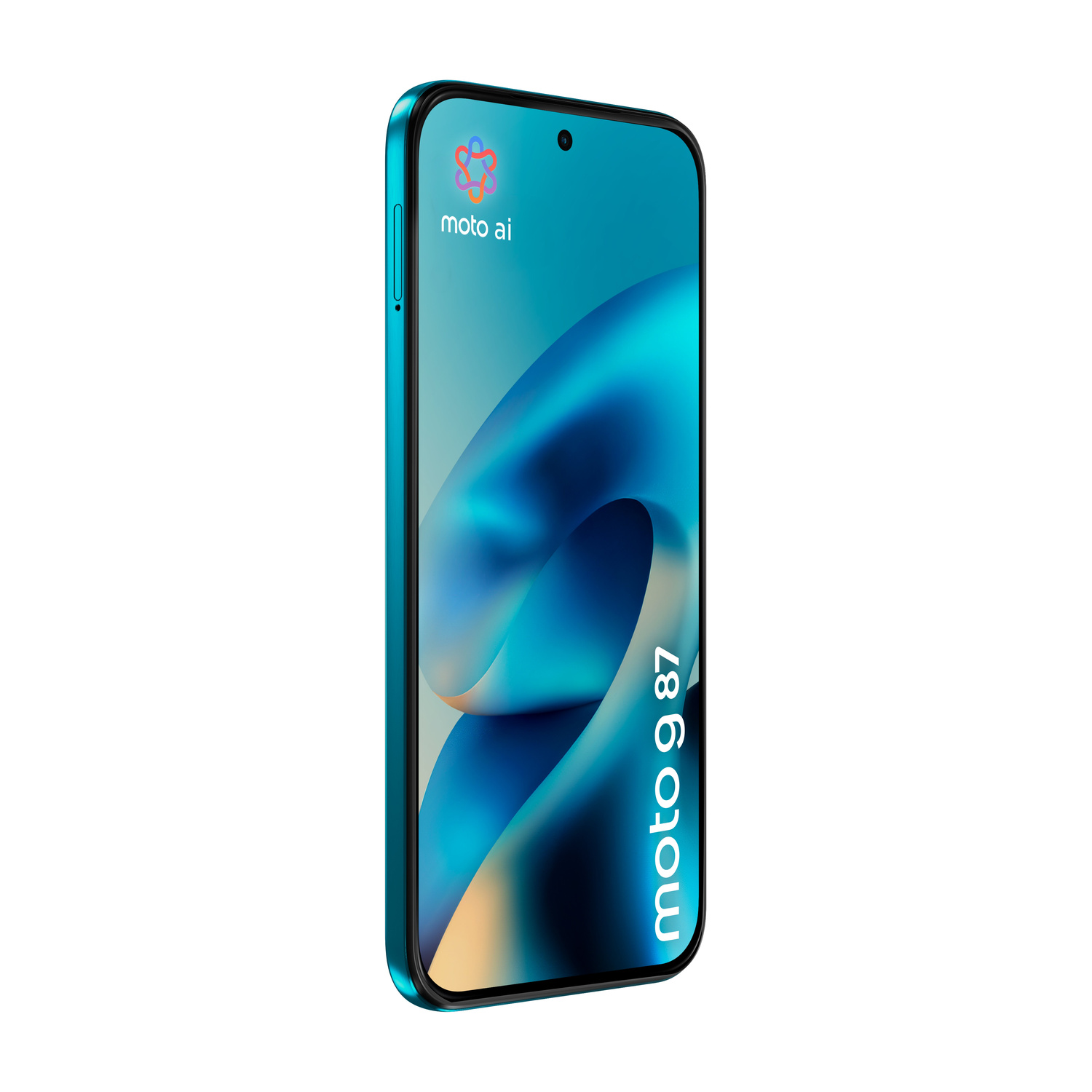 Uno smartphone turchese che mostra il logo e il testo 'moto 9 87' sul suo schermo.