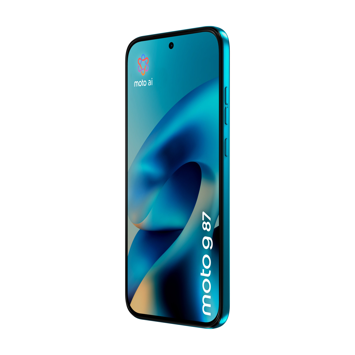 Un Motorola Moto 9 87 blu con uno sfondo astratto sul suo schermo.