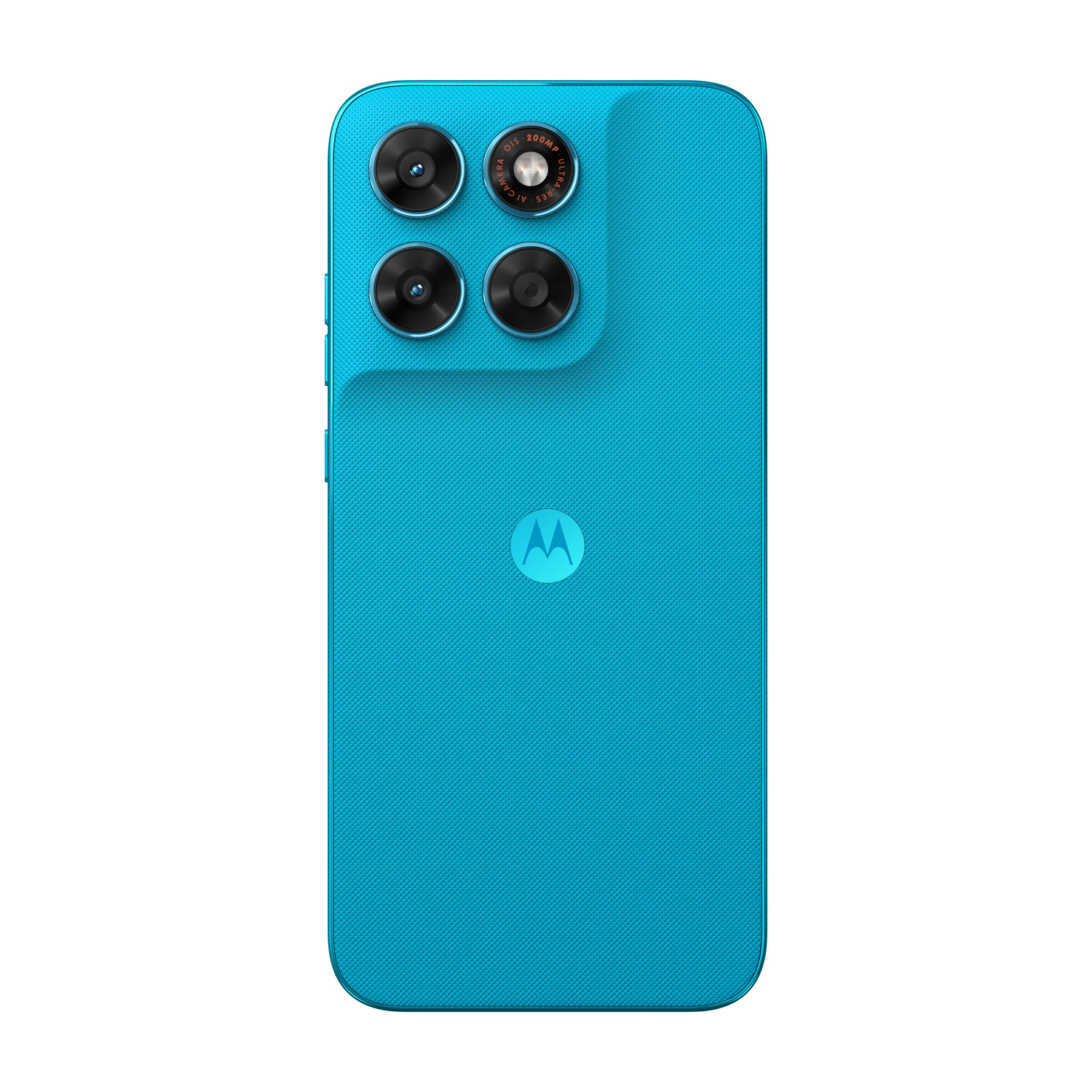 Retro di un telefono Motorola turchese con quattro fotocamere e logo Motorola.