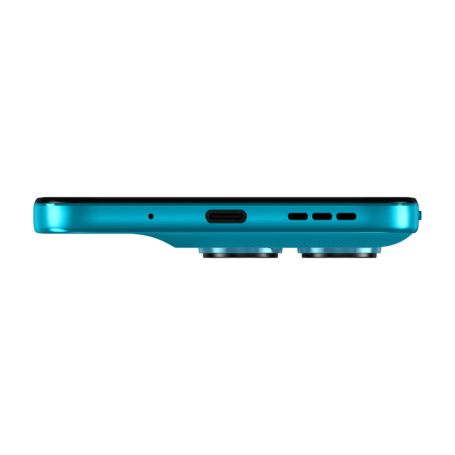 Dettaglio smartphone turchese: porta USB-C, microfono, griglia altoparlante, due lenti.
