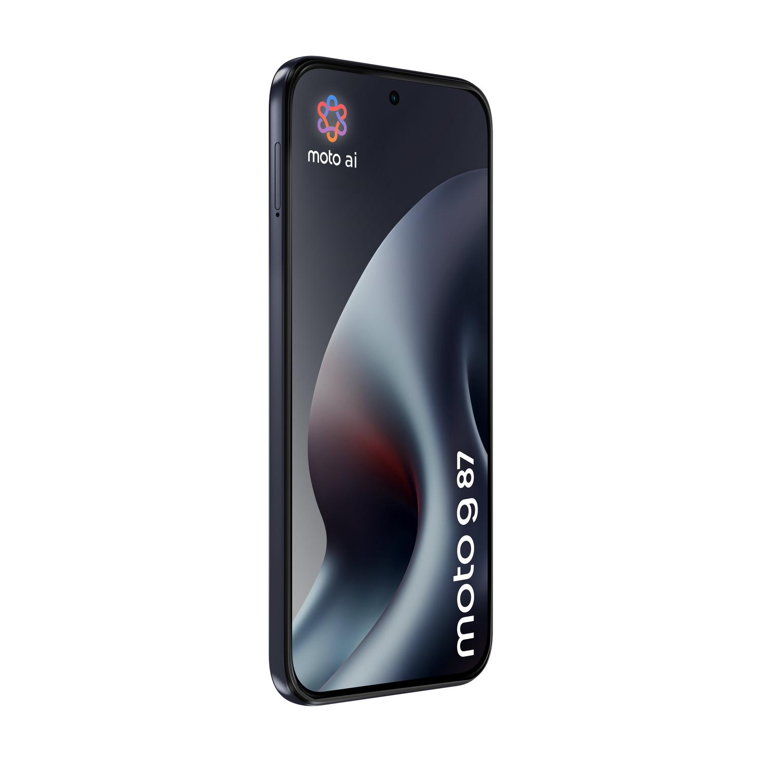 Uno smartphone Motorola scuro con testo "moto 9 87" sullo schermo.