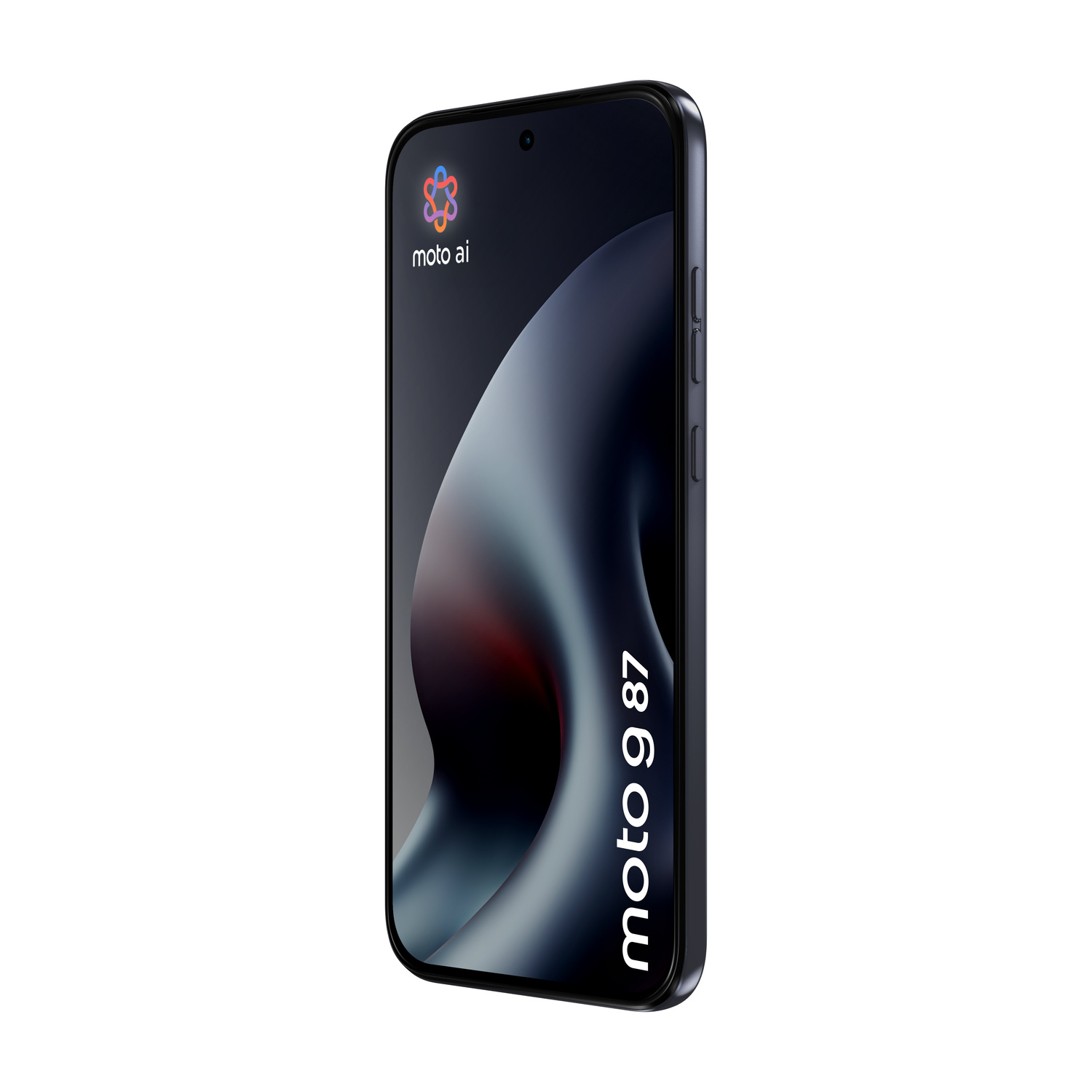 Uno smartphone Motorola 9 87 scuro con logo Moto AI e sfondo scuro.