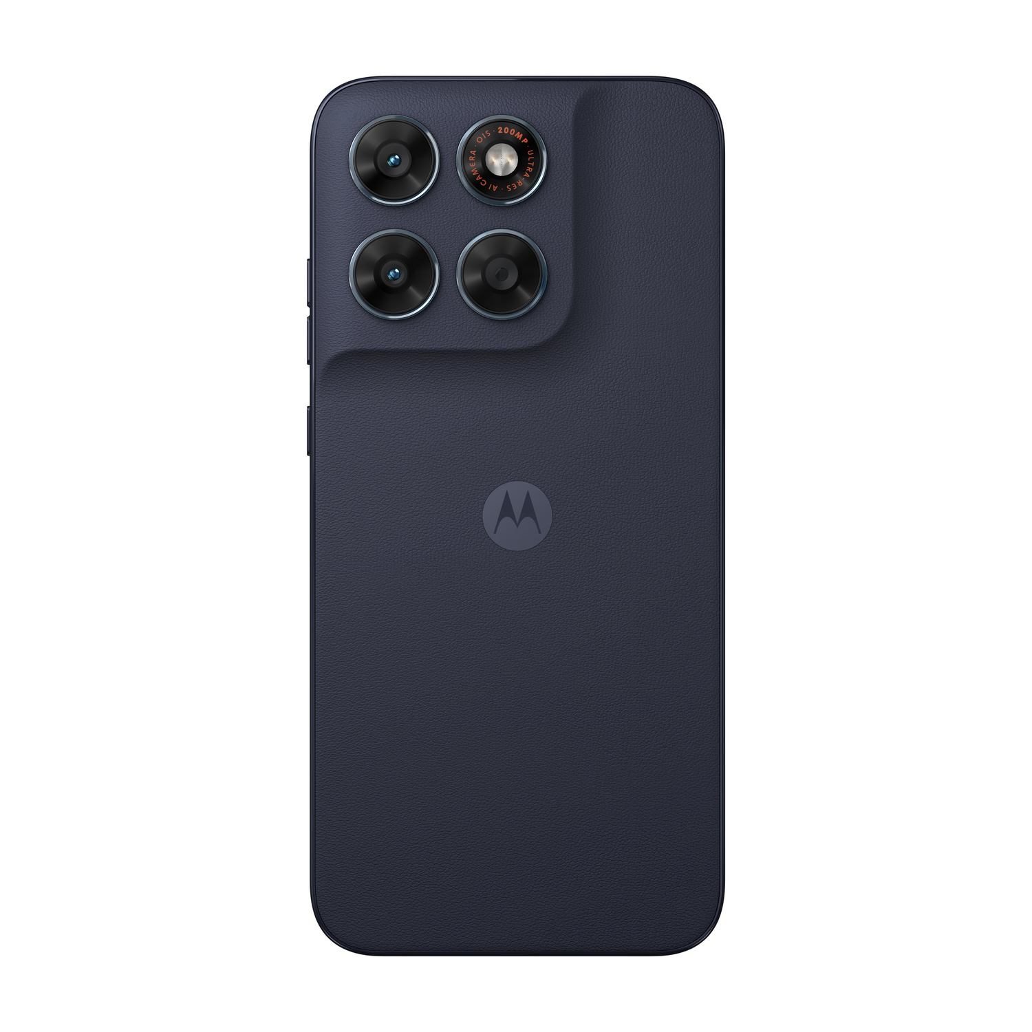 Smartphone blu scuro con quattro fotocamere posteriori e logo Motorola.