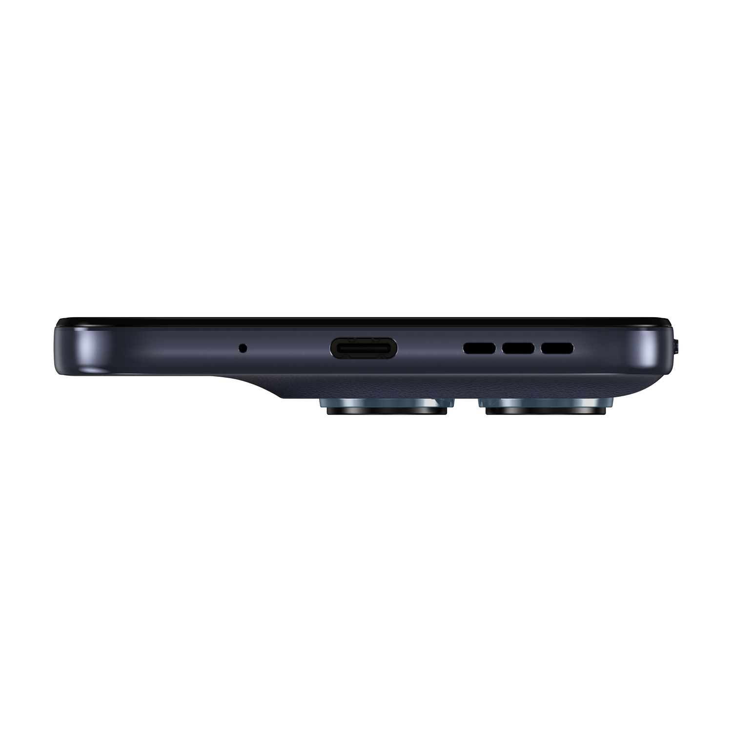 Parte inferiore di uno smartphone scuro con porta di ricarica, griglie altoparlanti e due moduli fotocamera.