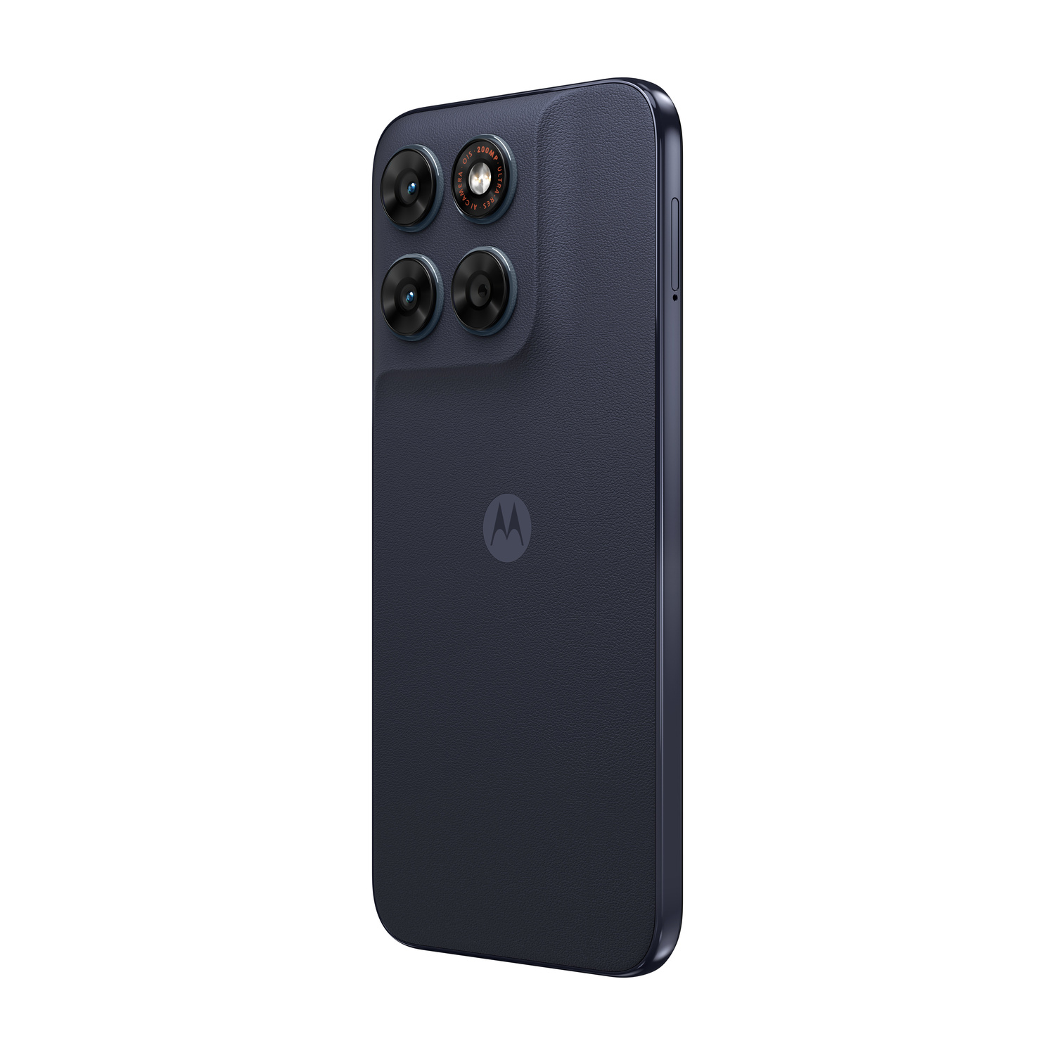 Smartphone blu scuro con quattro obiettivi e logo Motorola.