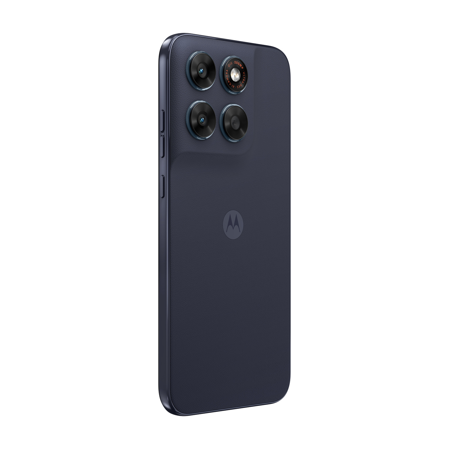 Smartphone Motorola blu scuro con quattro fotocamere e logo Moto.