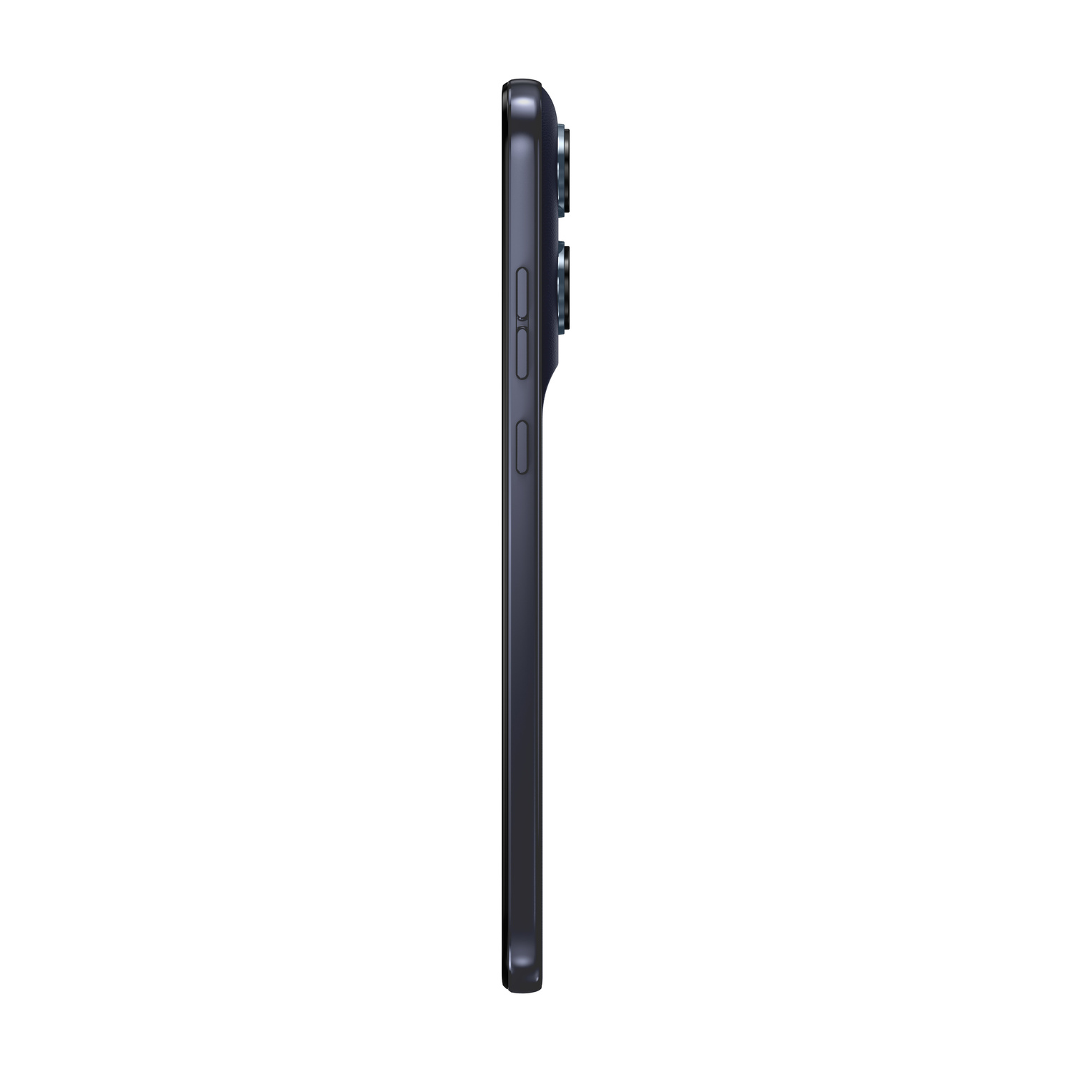 Smartphone grigio scuro visto di lato con lenti e pulsanti.