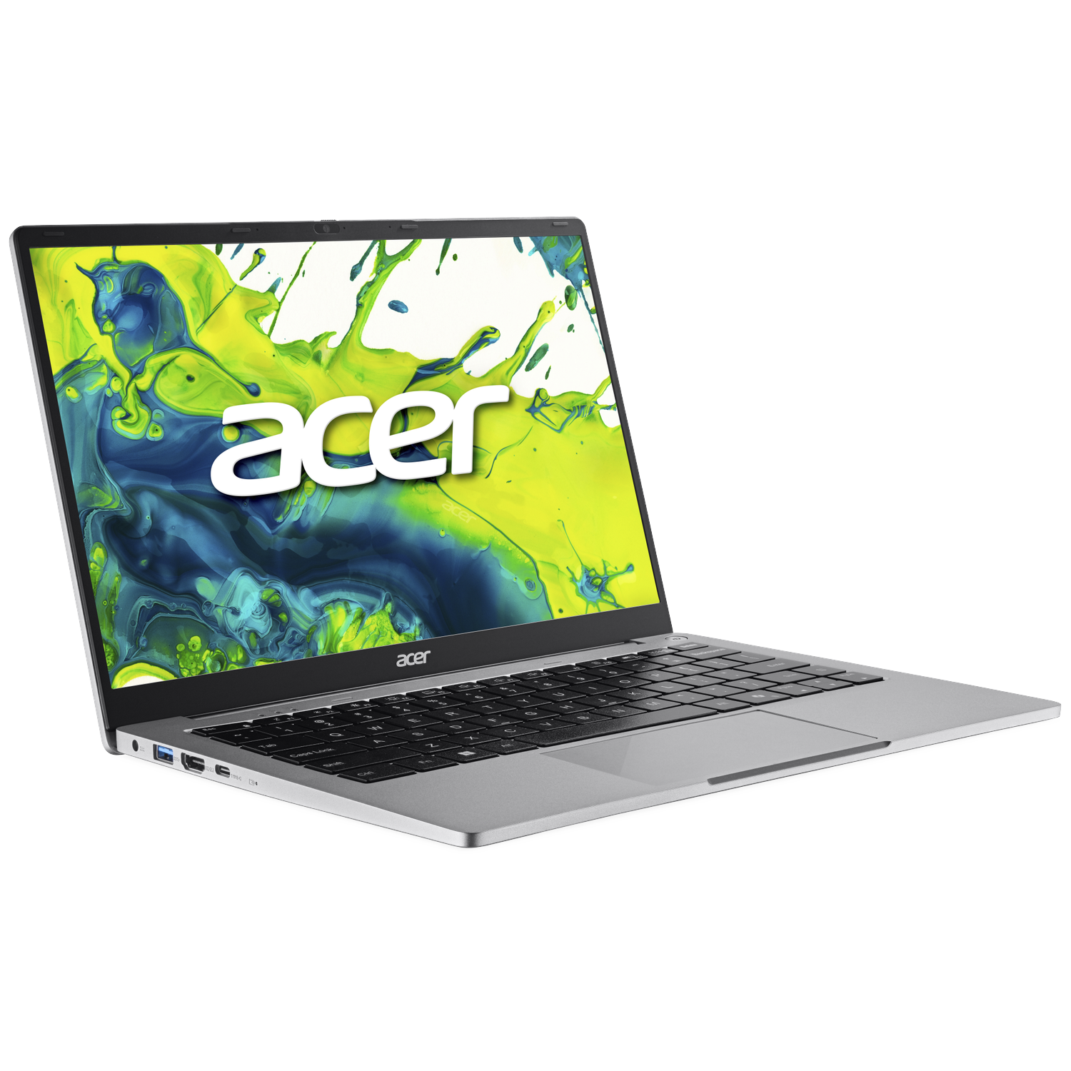 A silver Acer laptop with a colorful splash screen displayed on the monitor.