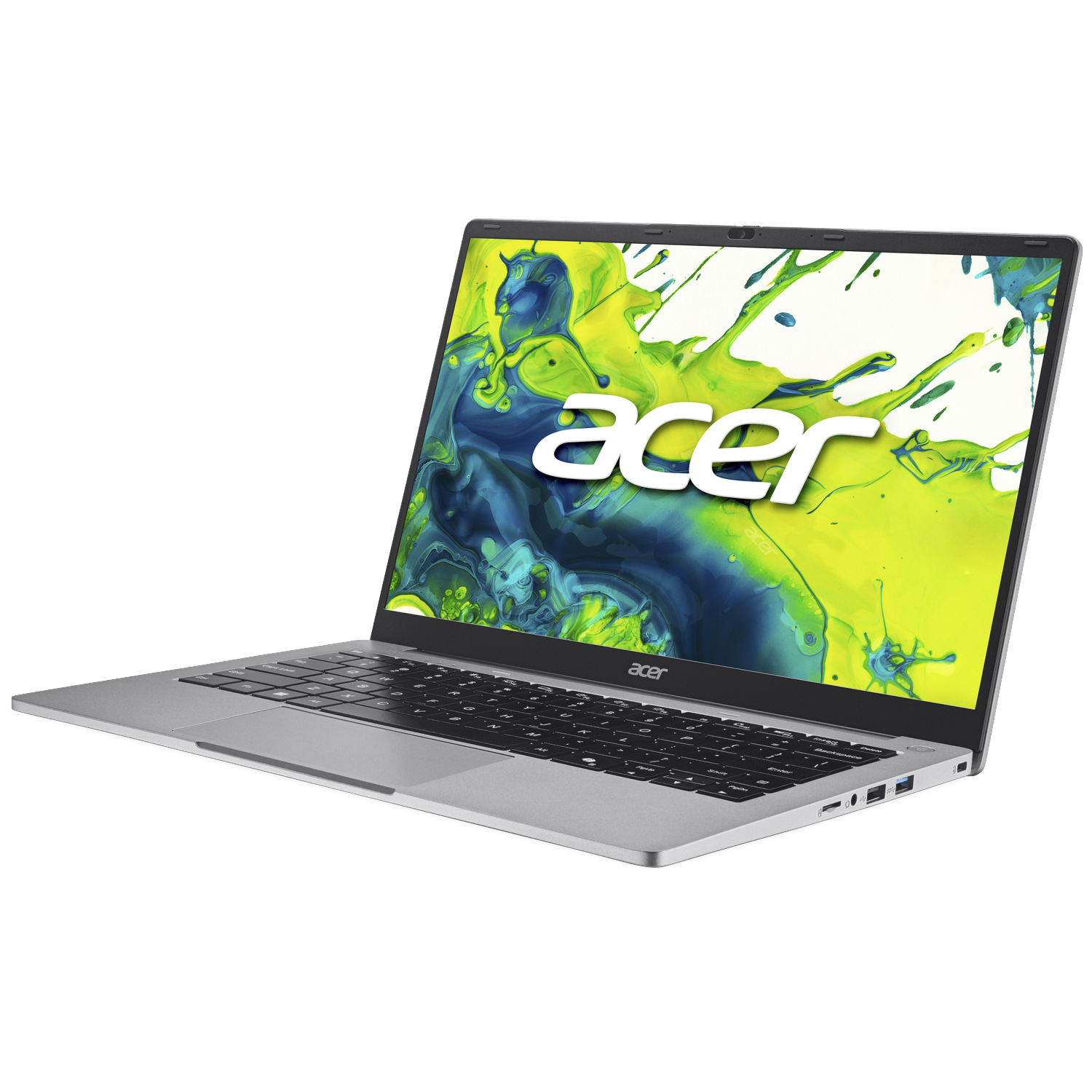 A silver Acer laptop with a colorful splash screen.