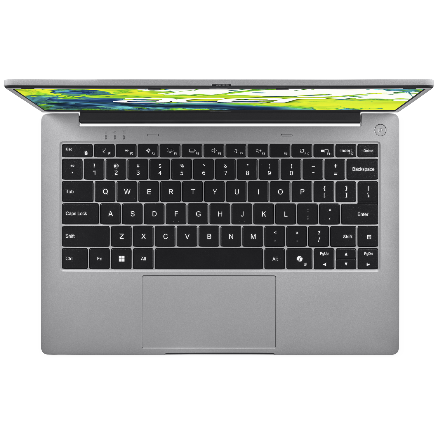 Top view of an open silver laptop on a black background. The screen displays a colorful abstract image.