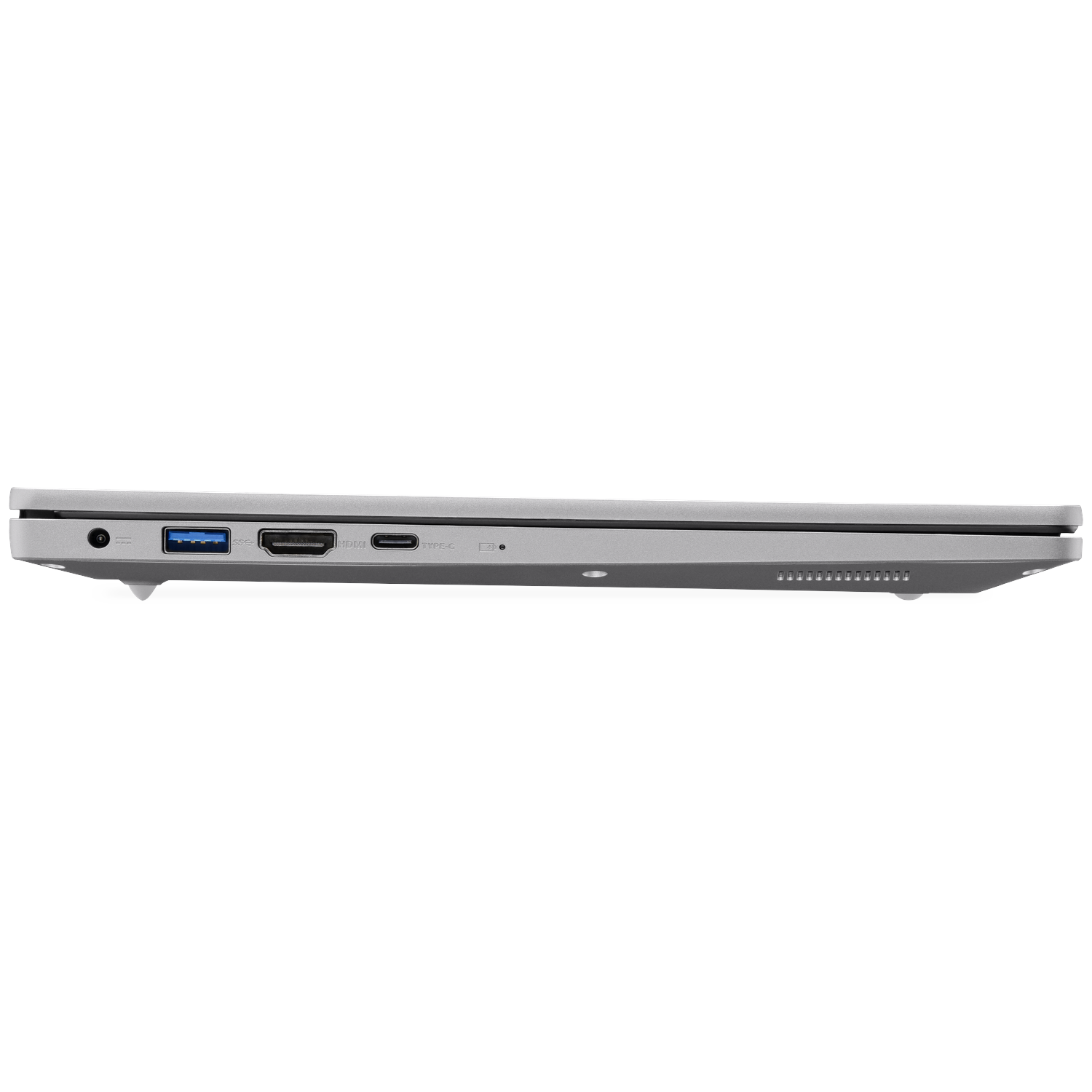 Side view of a silver laptop showing ports: power, USB-A, HDMI, USB-C.