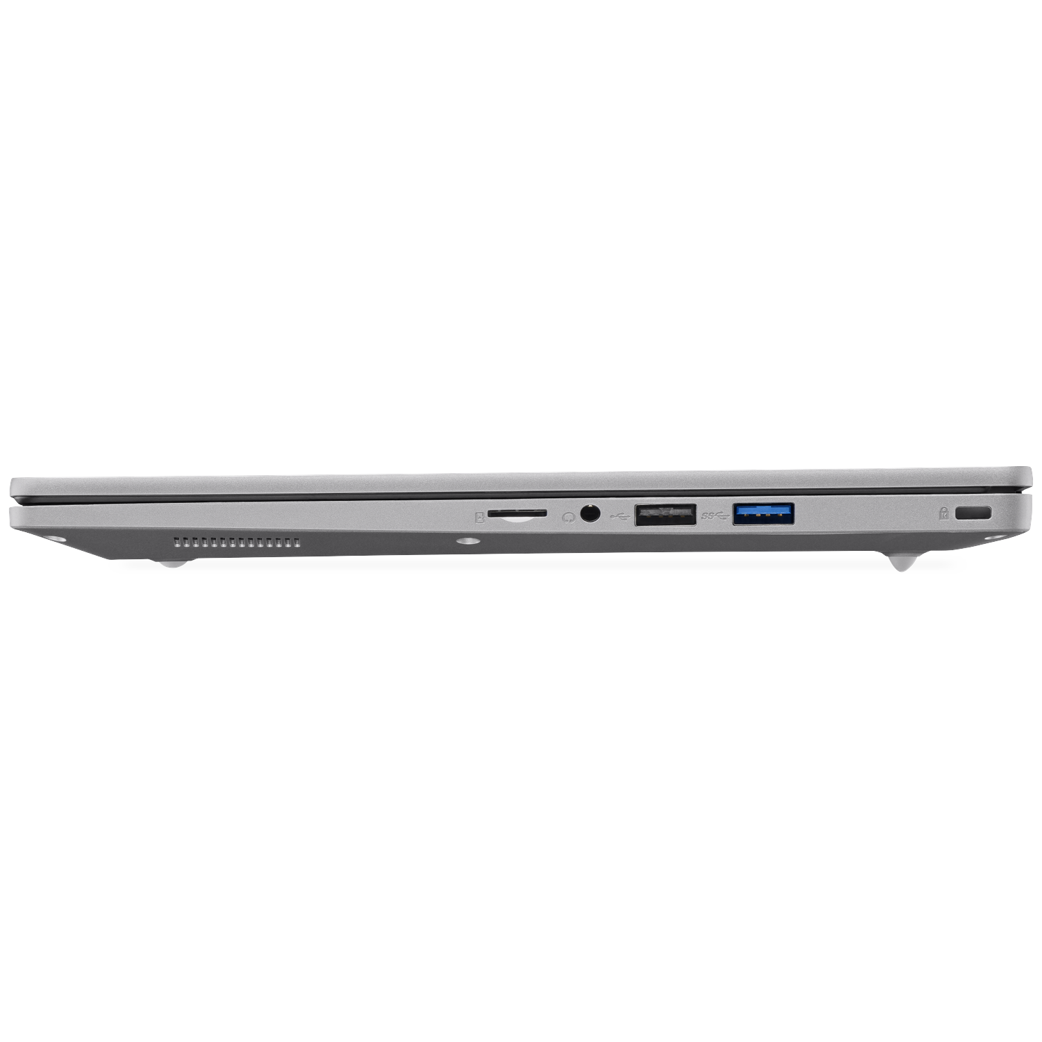 Silver laptop edge with ports: SD card reader, headphone, USB-A, USB-C.