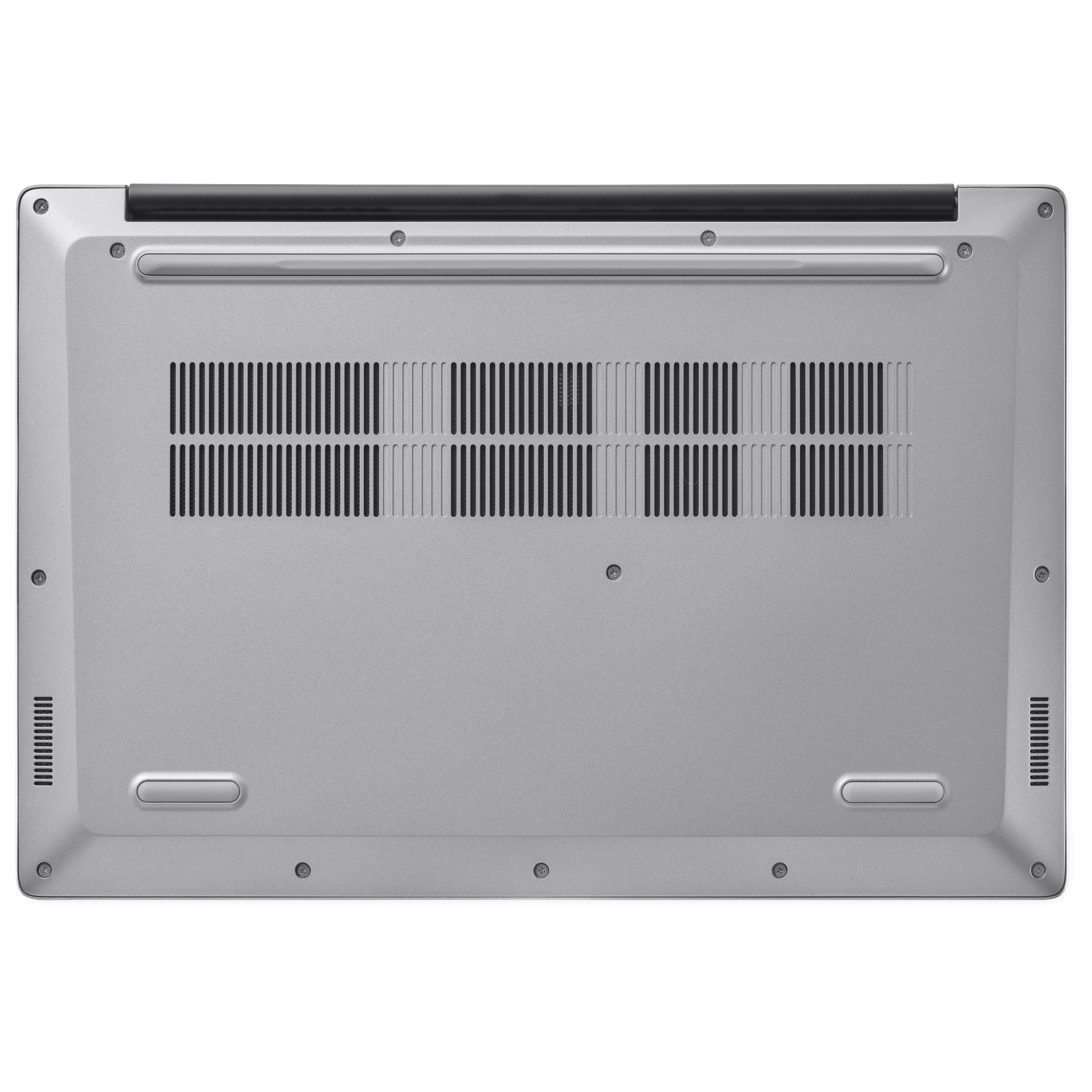 Underside of a silver laptop with ventilation slots and screws.