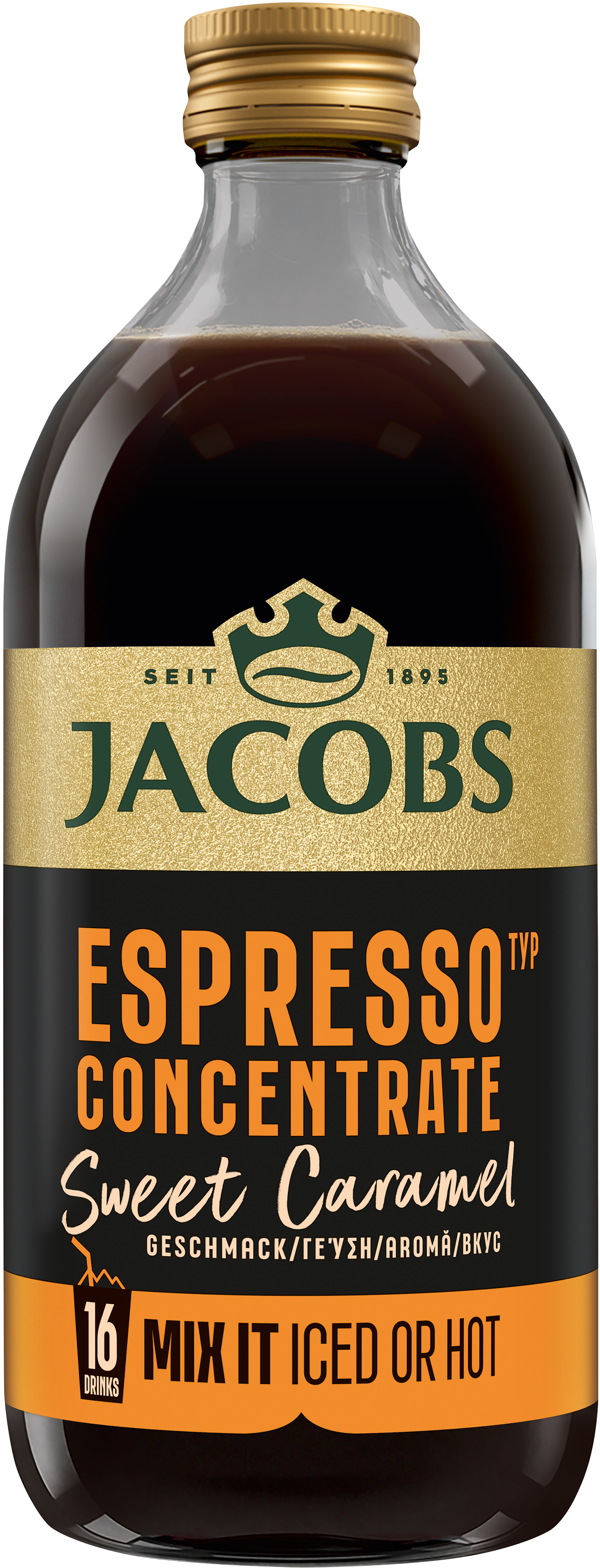 Jacobs Espresso Süßkaramell Konzentrat in Glasflasche, zum Mixen.