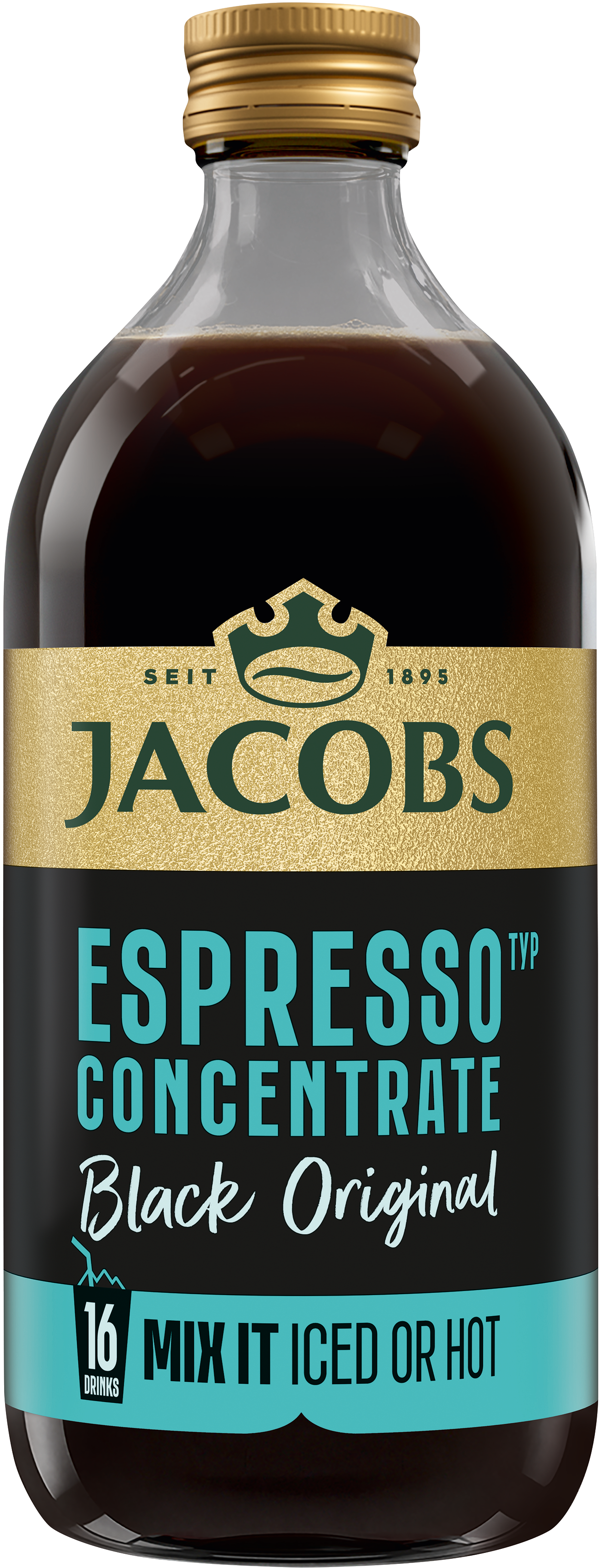 Jacobs Espresso Konzentrat Flasche mit goldfarbenem Deckel und schwarzem Etikett.