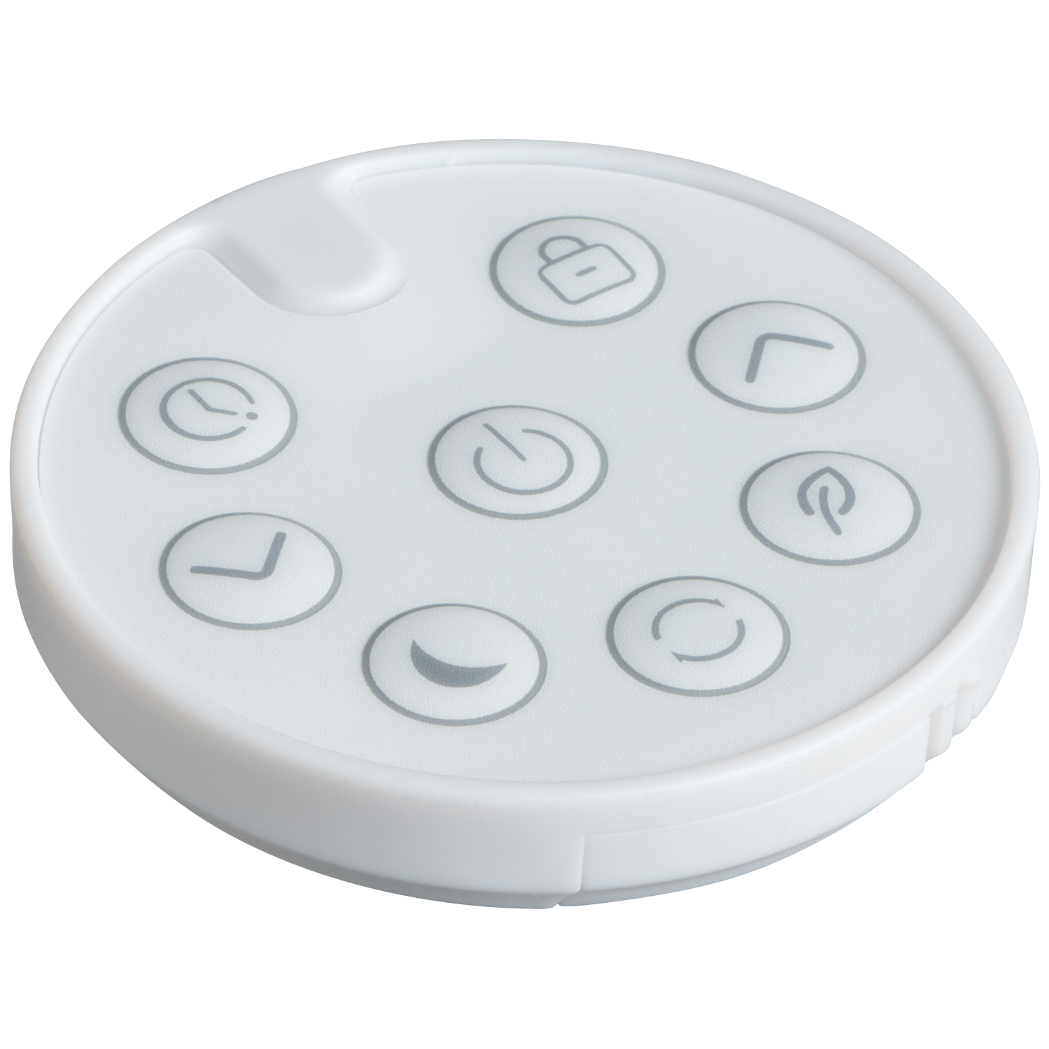 A white round remote control button with icons like lock, clock, arrow, power, and leaf.