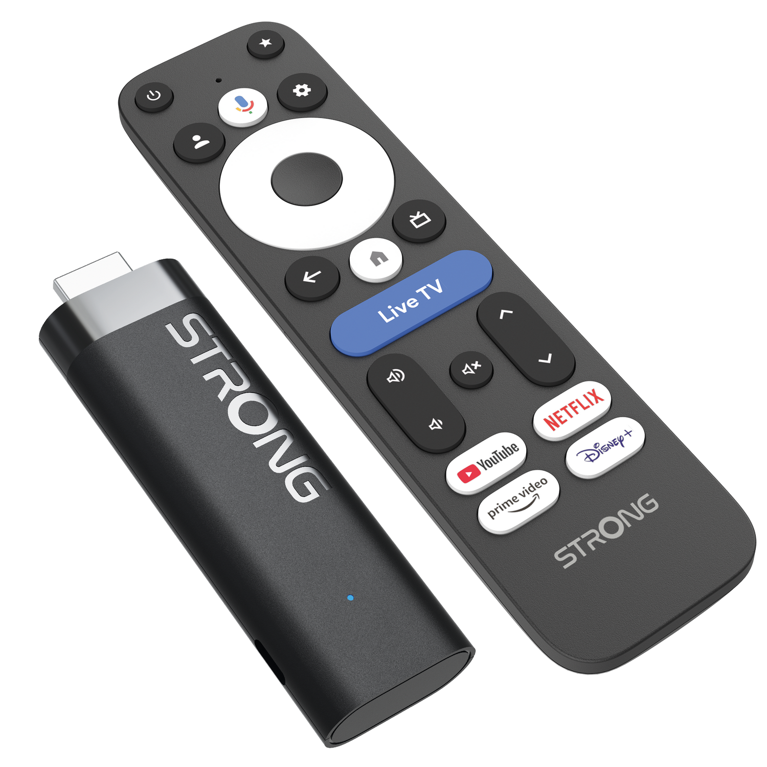 Un stick de streaming negro y un mando a distancia con botones e iconos de apps.
