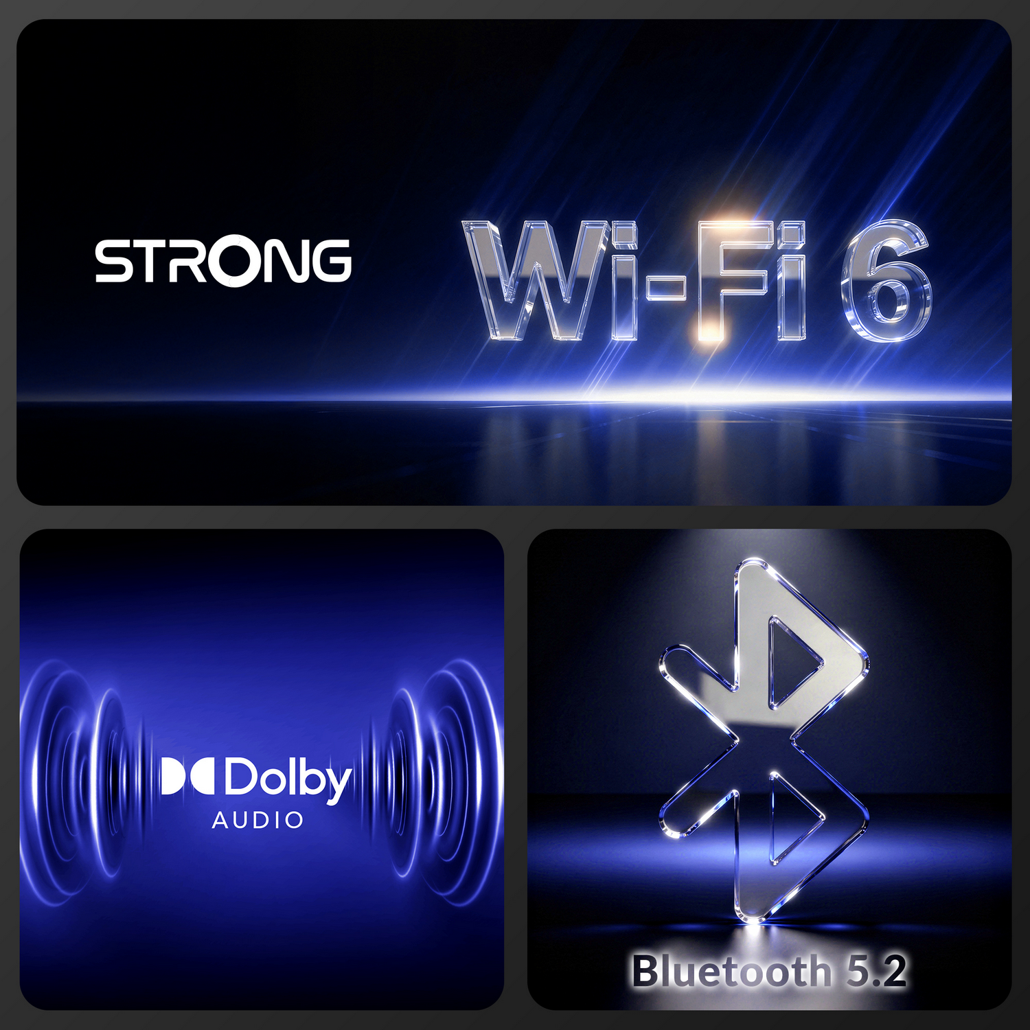 Logos STRONG Wi-Fi 6, Dolby Audio y Bluetooth 5.2 sobre fondo oscuro.