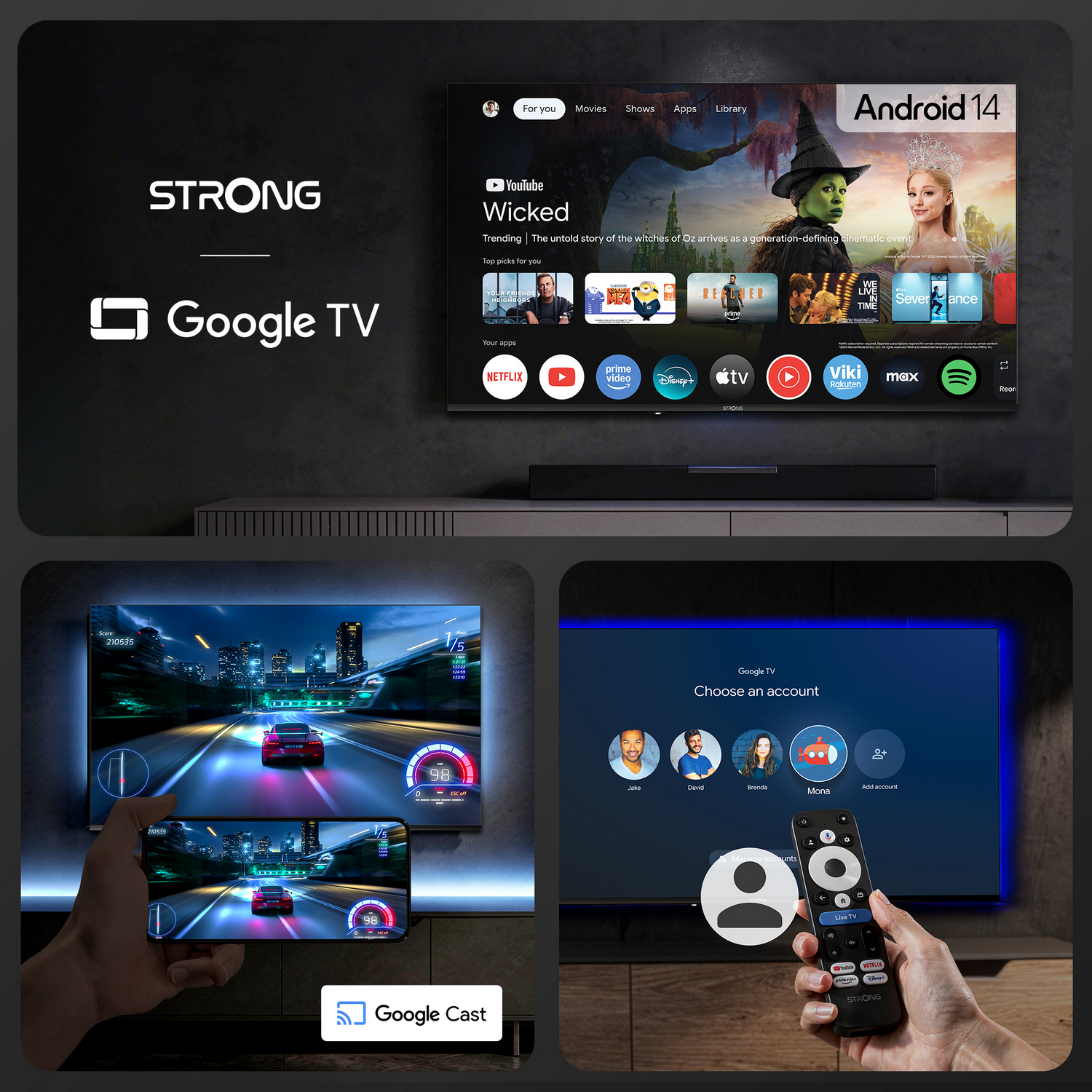 Un televisor muestra la interfaz de Google TV con Android 14, aplicaciones y películas.