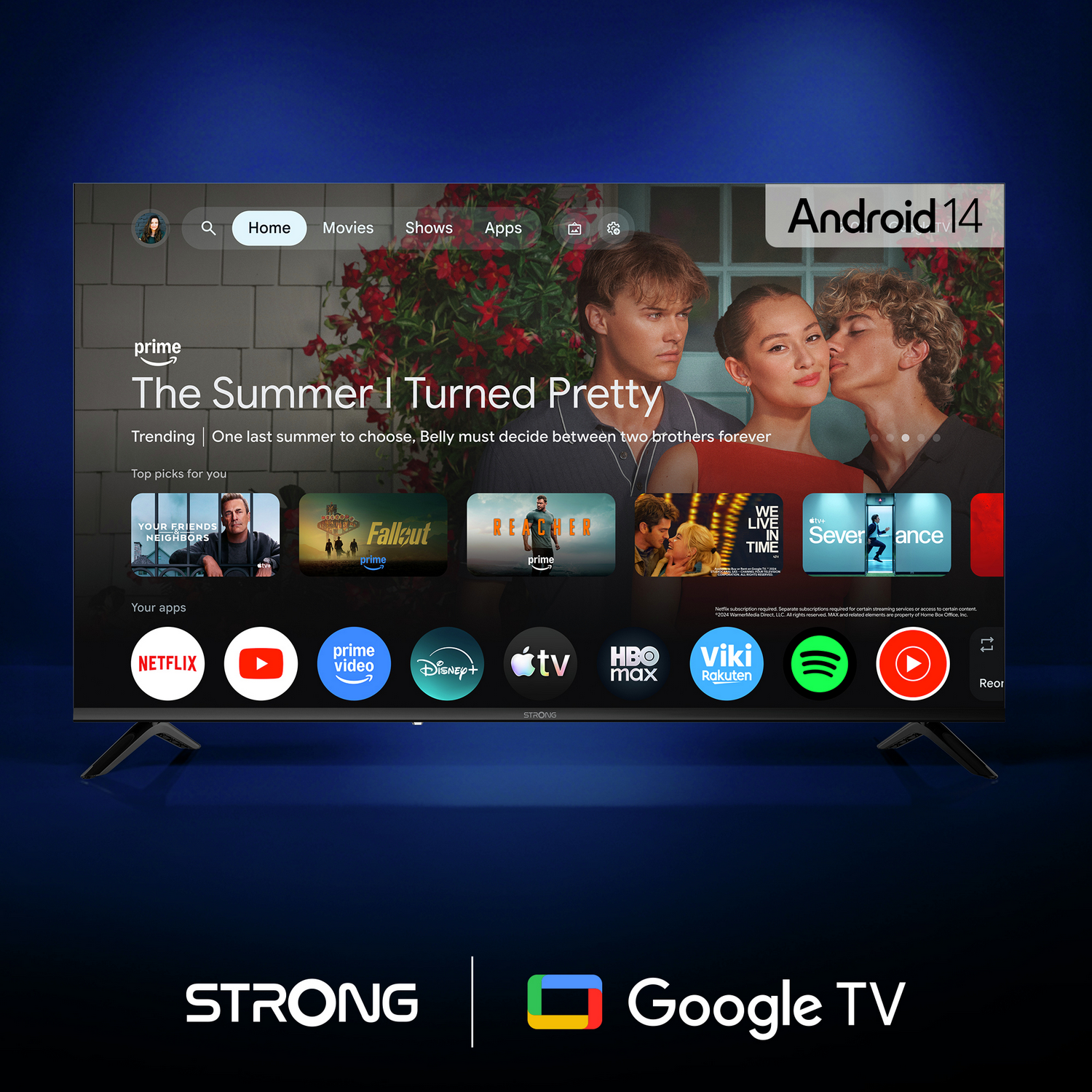 TV Android 14 mostrando apps como Netflix, Prime Video, Disney+. El verano en que me convertí en guapa.