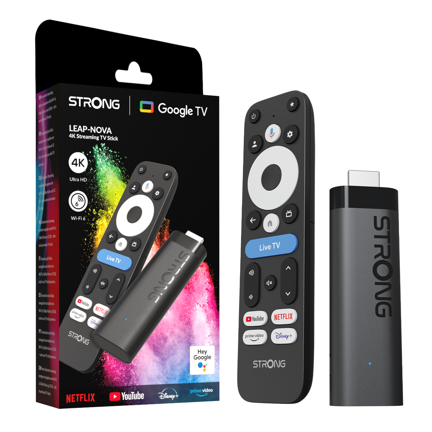 Un stick de streaming negro y un mando con interfaz Google TV.