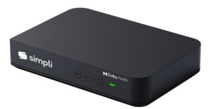 Ein schwarzer Simpli-Media-Player mit Dolby Audio-Logo und grüner Leuchtanzeige.