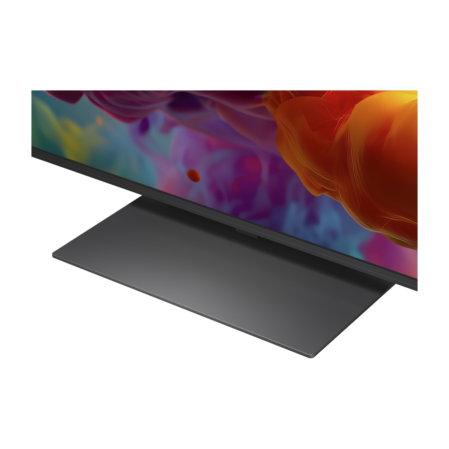 Una TV moderna a schermo piatto con un elegante supporto grigio e uno schermo di sfondo astratto e colorato.