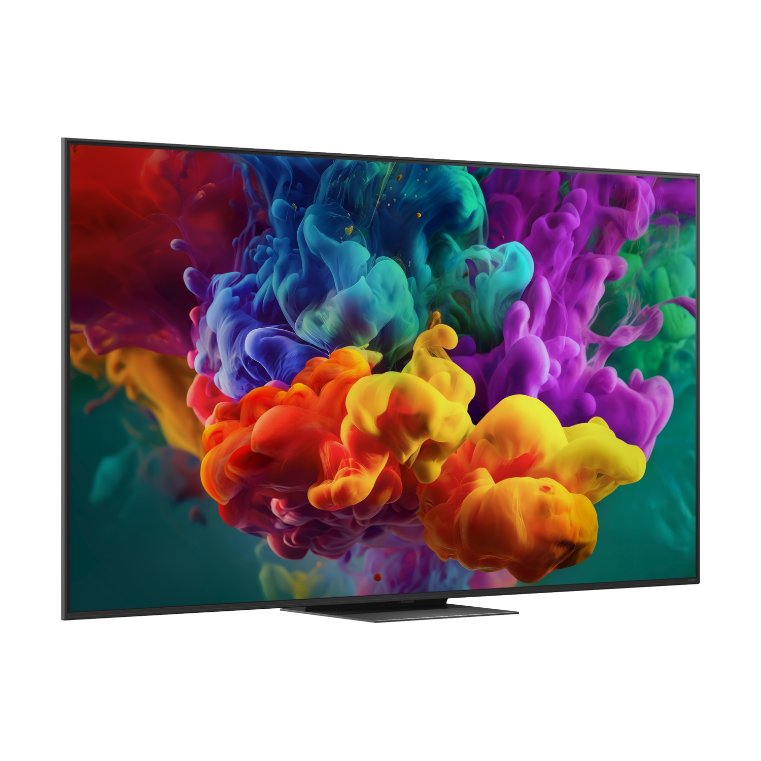 Una TV moderna con un colorato screensaver astratto.
