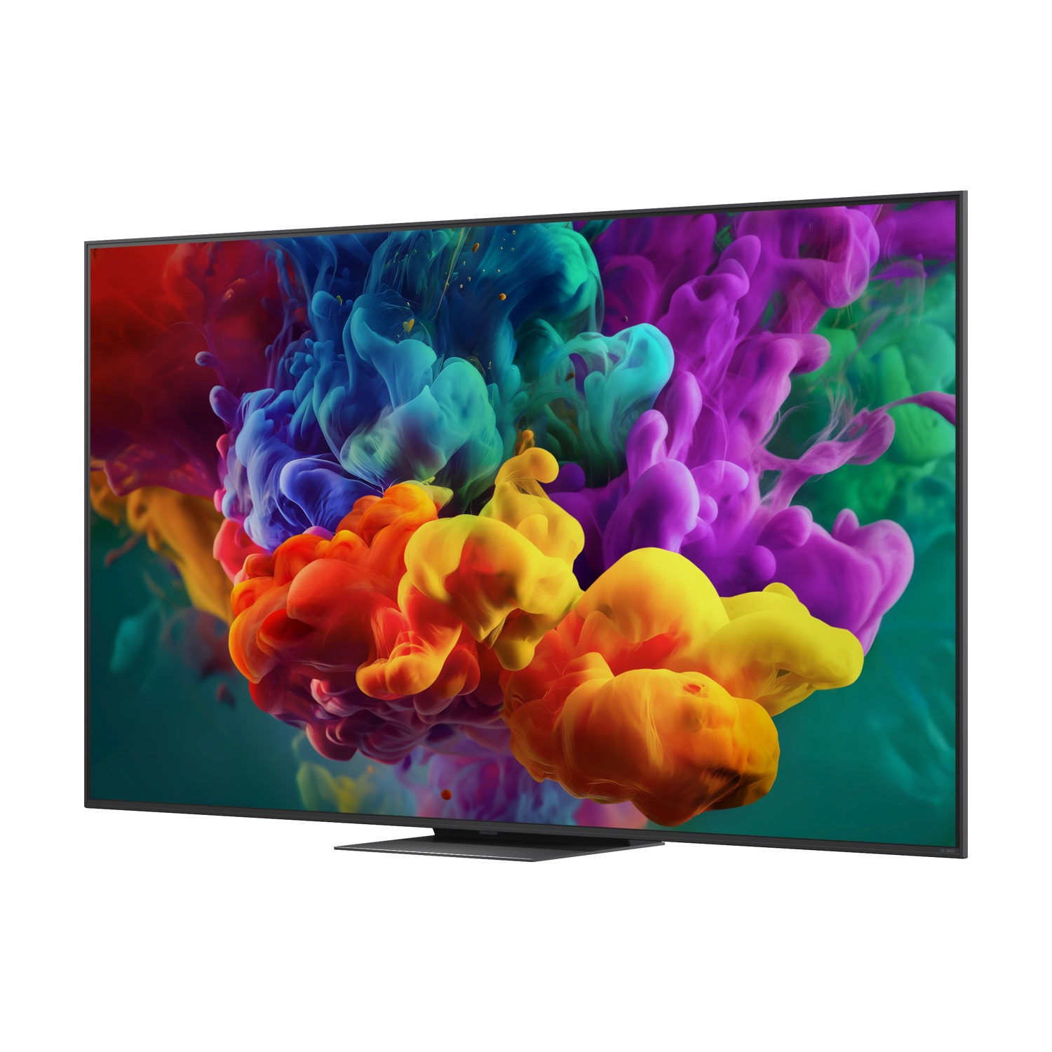 Un'elegante TV mostra un screensaver con nuvole di inchiostro colorate.