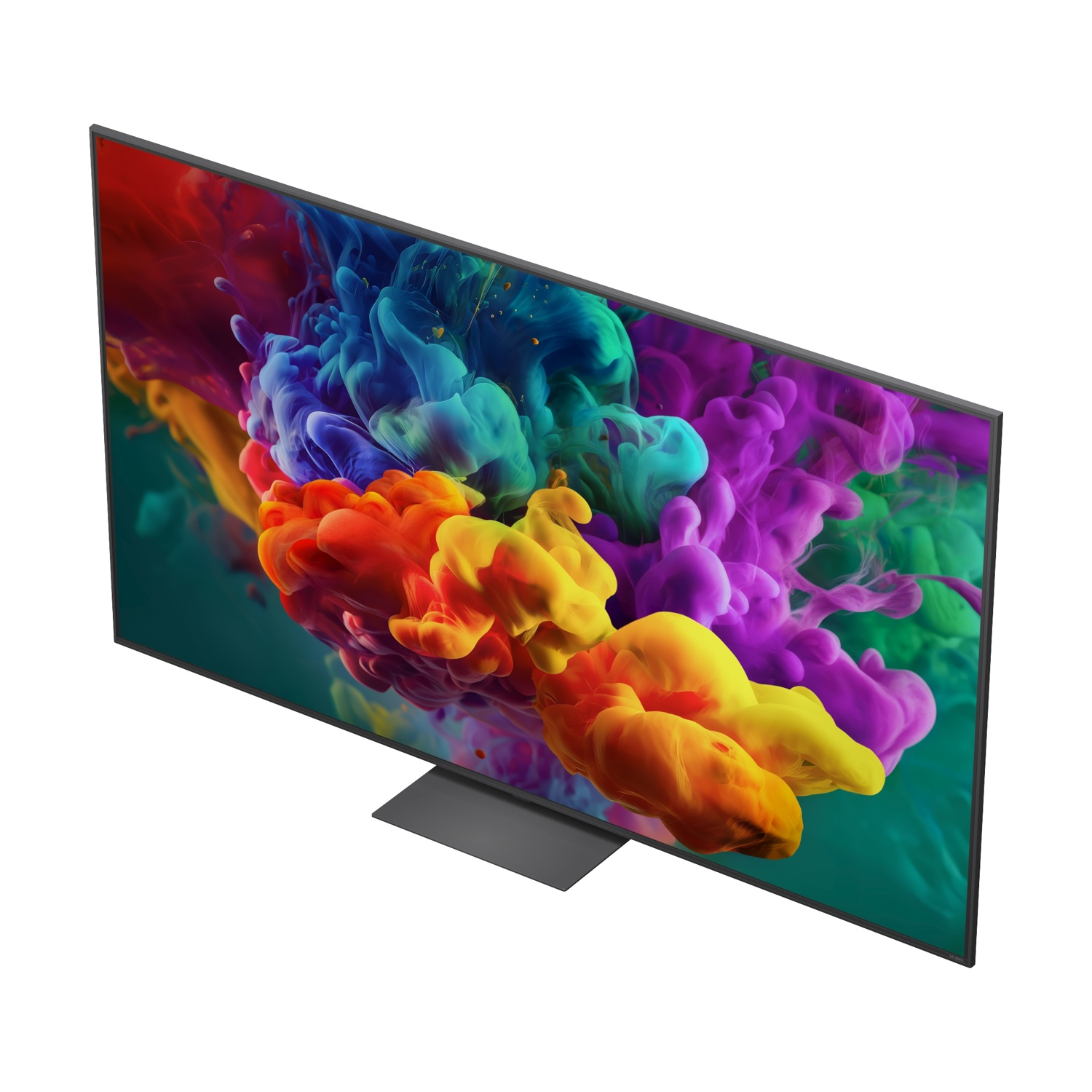 Un televisore moderno con un motivo di fumo colorato sullo schermo e un supporto elegante.