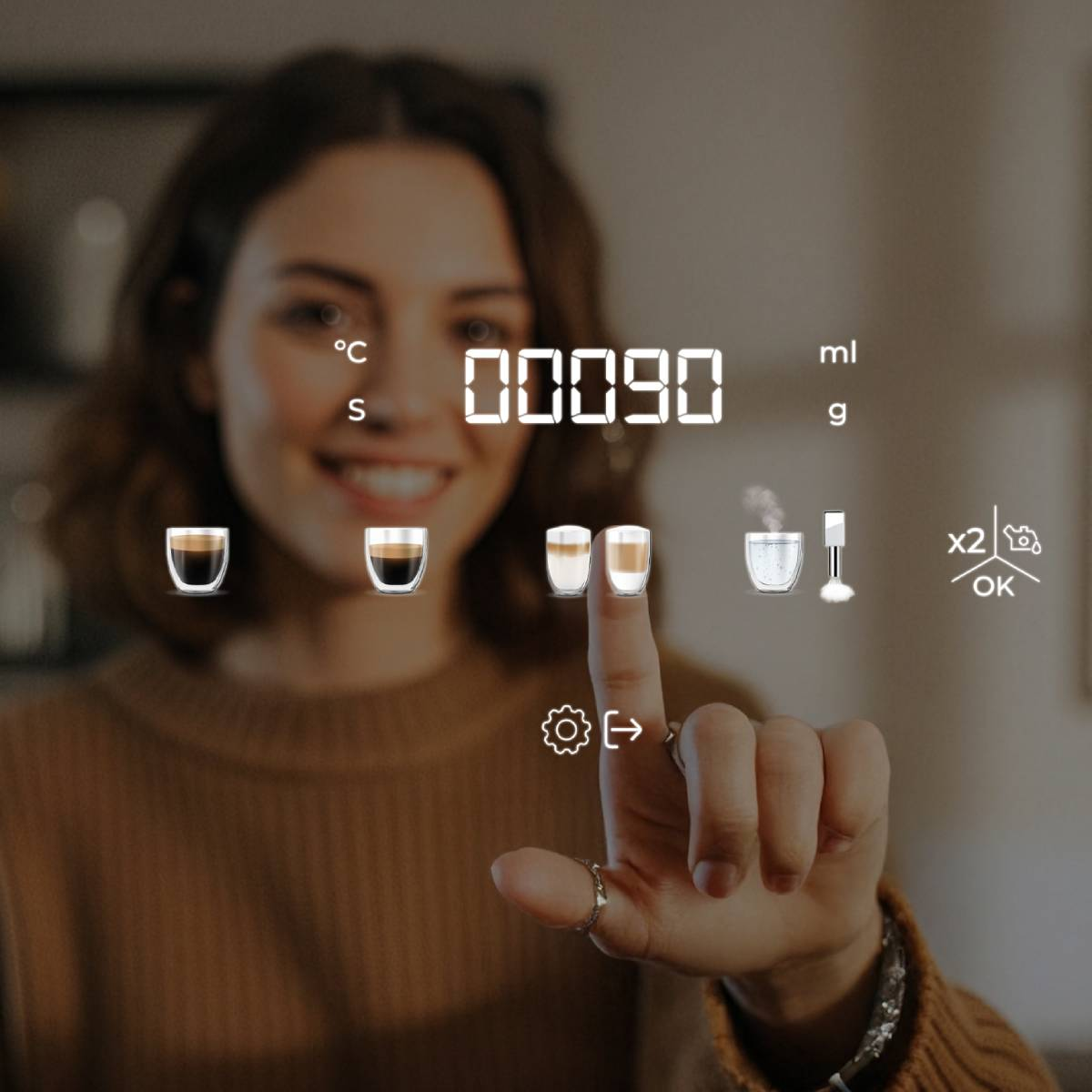 Mujer toca pantalla con iconos de café, temporizador y ajustes.