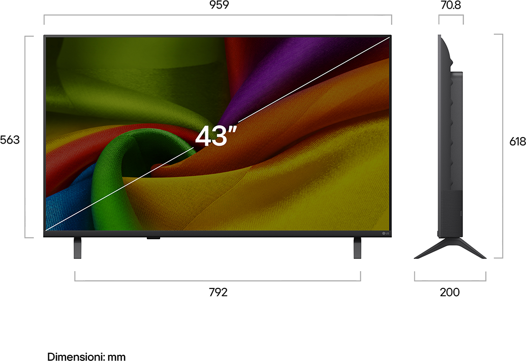 Egy 43 hüvelykes televízió színes képernyővel, méretekkel feltüntetve.