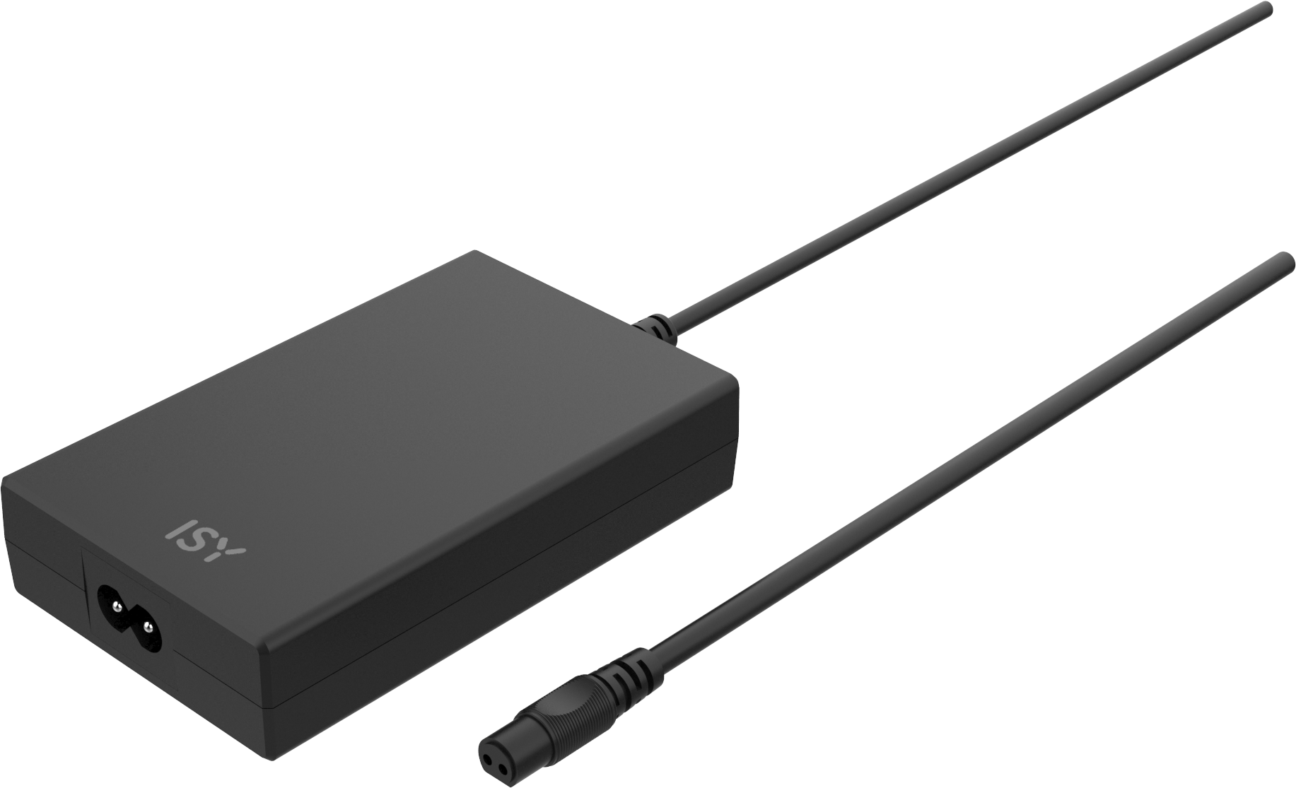 Schwarzer ISY Laptop-Netzteil mit Kabeln und Anschlüssen.