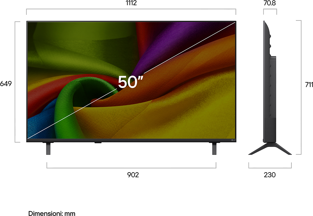 Egy 50 hüvelykes televízió színes háttérrel és méretekkel.