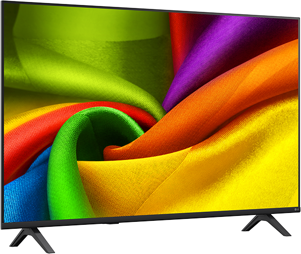 Egy modern televízió képernyőjén élénk, absztrakt színmintázat látható.