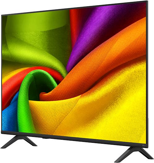 Egy modern televízió élénk, absztrakt mintát mutat színes, hullámzó anyagokból.