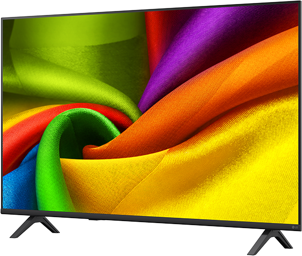 Egy TV készülék piros, narancssárga, sárga, zöld és lila színes anyagok örvénylő mintázatát mutatja.