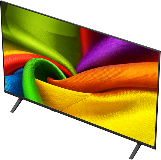 Egy modern, síkképernyős TV színes, absztrakt mintát jelenít meg a képernyőjén.